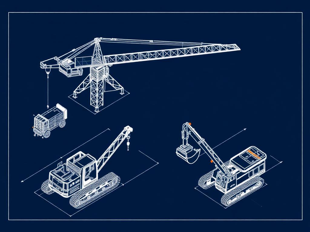 Technical blueprint of construction equipment and machinery
